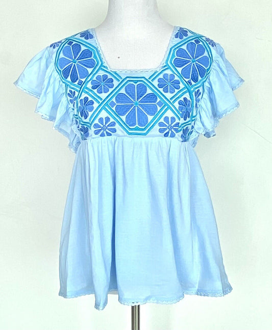 J Marie Embroidered River Flutter Sleeve Blue Top size XS Retail $106 Price $59